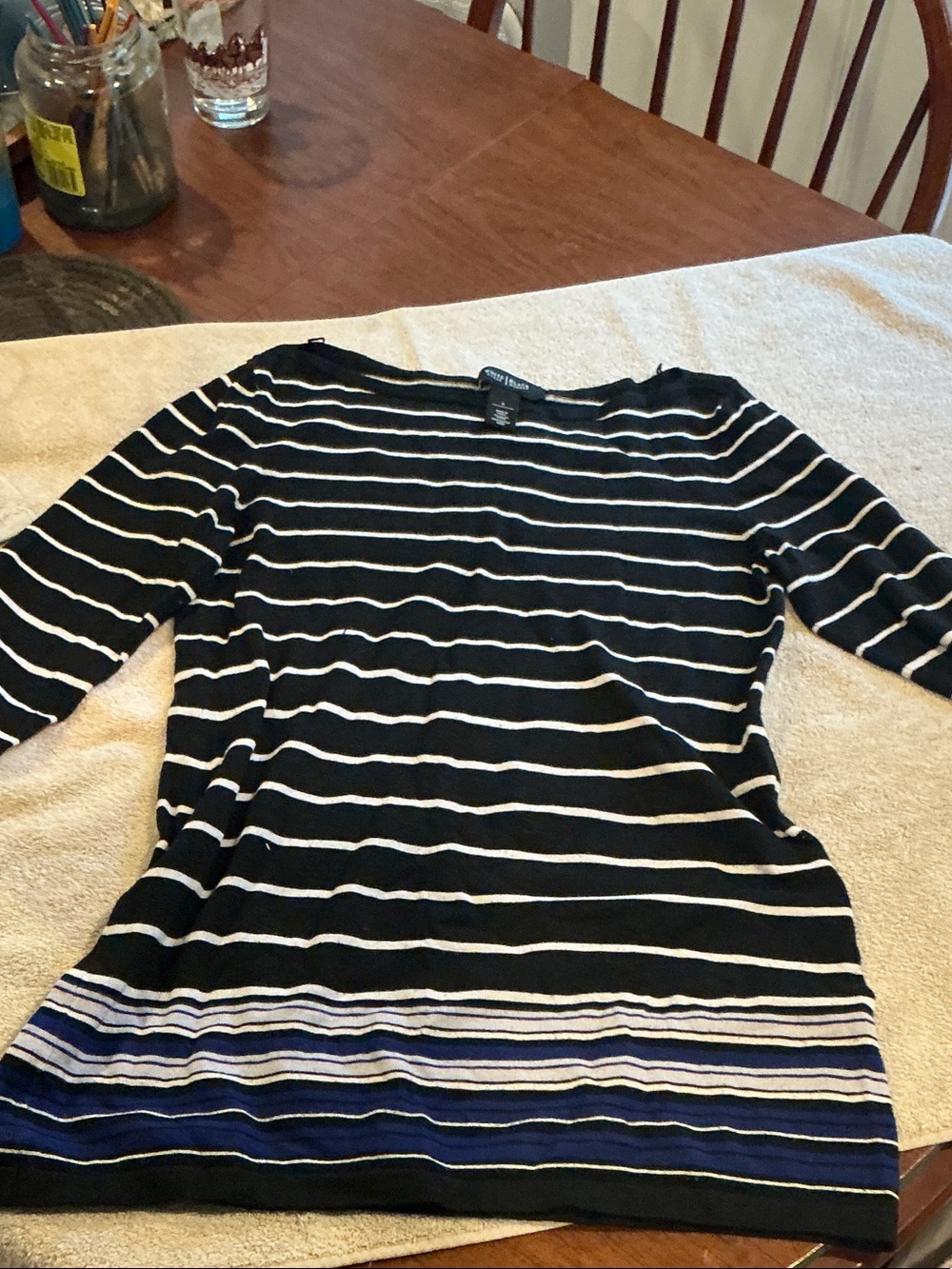 White House Black Market Black and White Striped Long Sleeve Top with Blue Hem